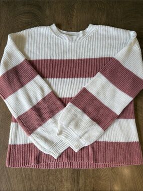 BB Dakota White and Mauve Striped Crewneck Sweater
